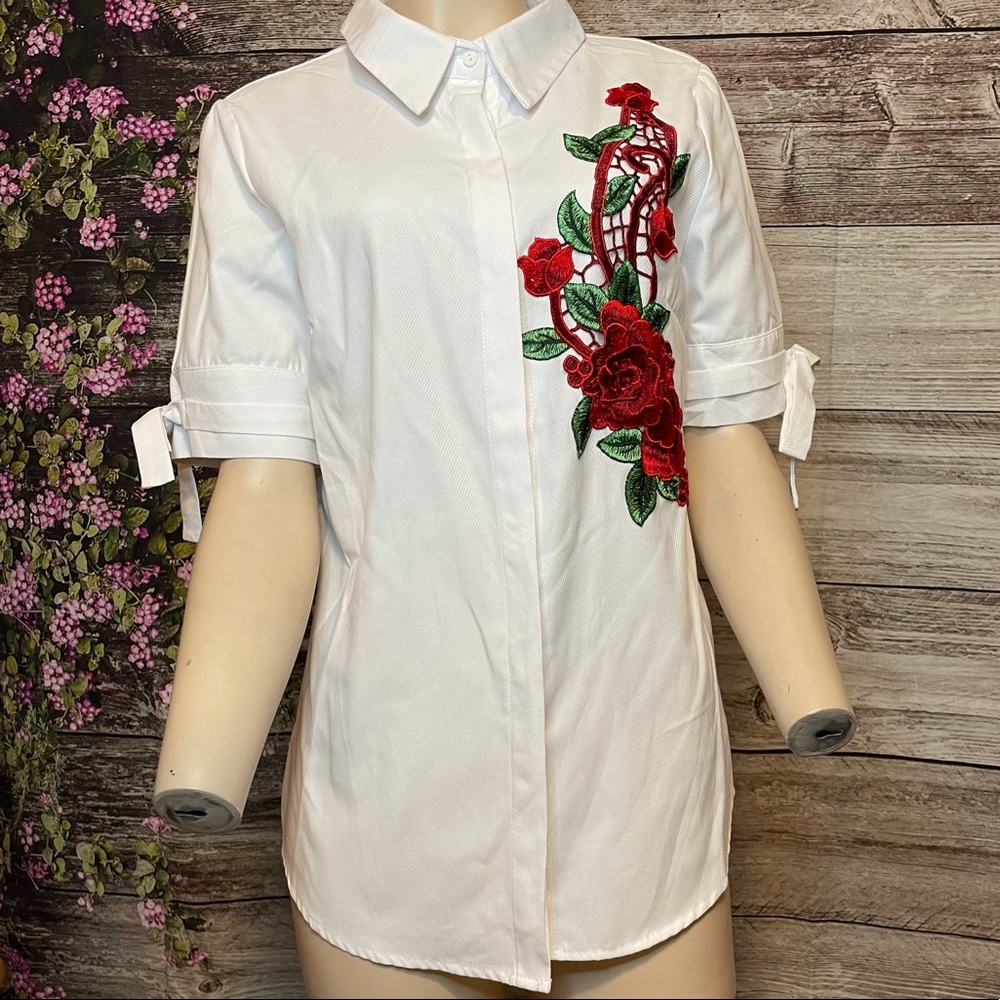 Red Flower Collared Button Up Top